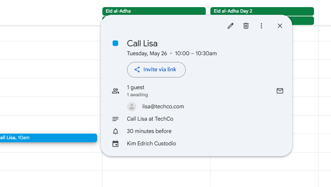 Calendar event "Call Lisa" — agent enriched metadata via HubSpot lookup