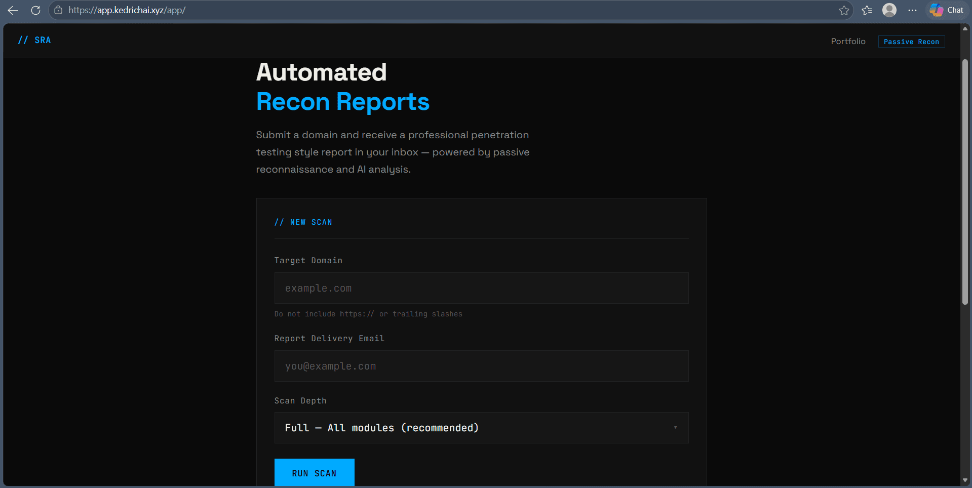 Frontend scan submission form at app.kedrichai.xyz — domain input, email, scan depth