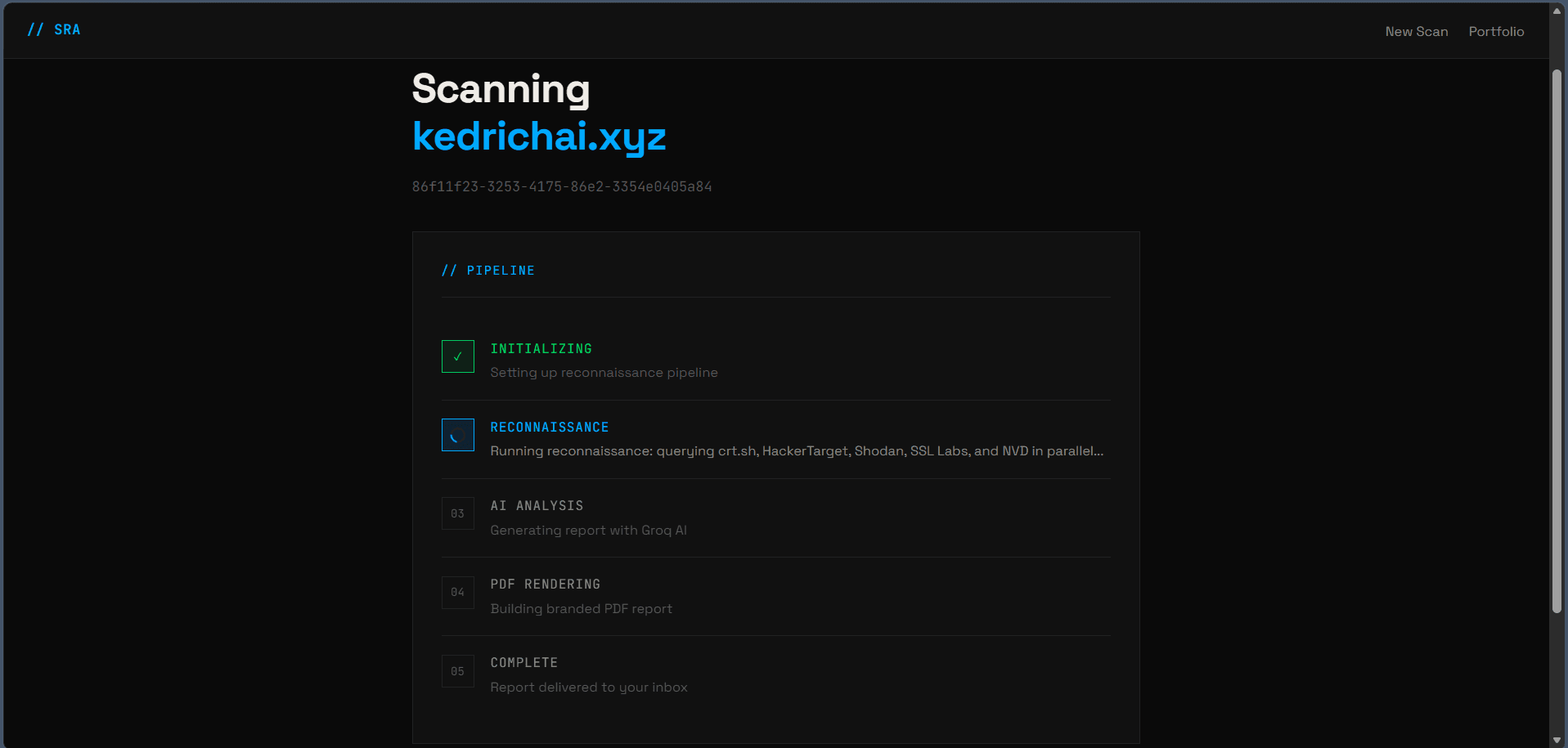Live status page mid-scan — pipeline stages with active/done indicators
