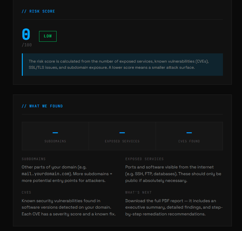 Completed scan results — risk score, badge, subdomain/service/CVE counts, download button