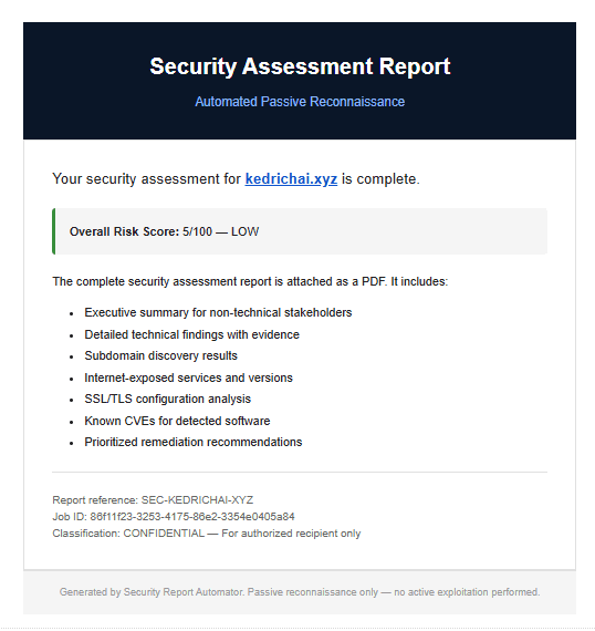 Resend delivery — email in inbox from noreply@kedrichai.xyz with PDF attached