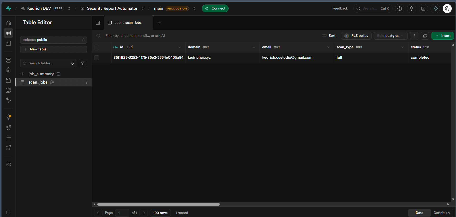 Supabase scan_jobs table — completed rows showing the status pipeline columns
